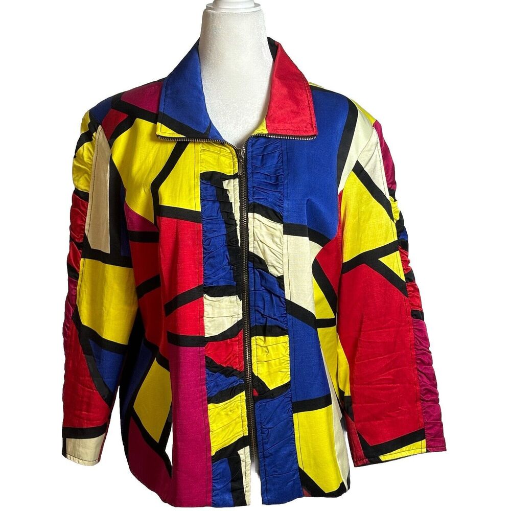 Y2K Womens Color block Retro Full Zip Jacket Contemporary Art Deco Casual SZ XL